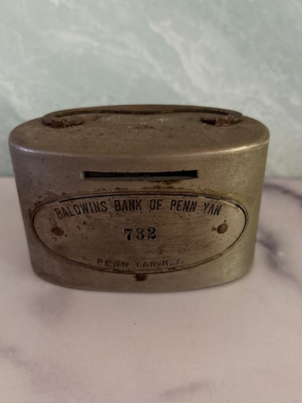 Vintage Metal Coin Bank Baldwins Bank Penn Yan New York Advertisting Premium